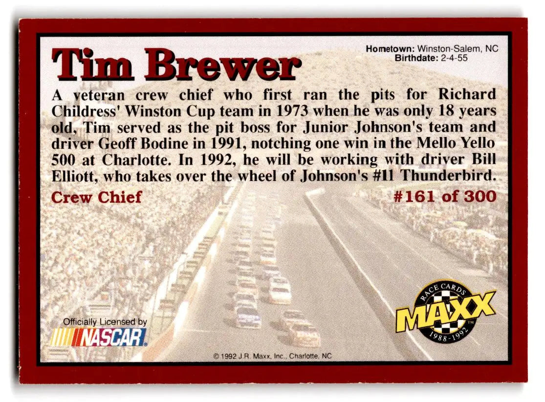 1992 Maxx (Red) #161 Tim Brewer - Racing Card Single