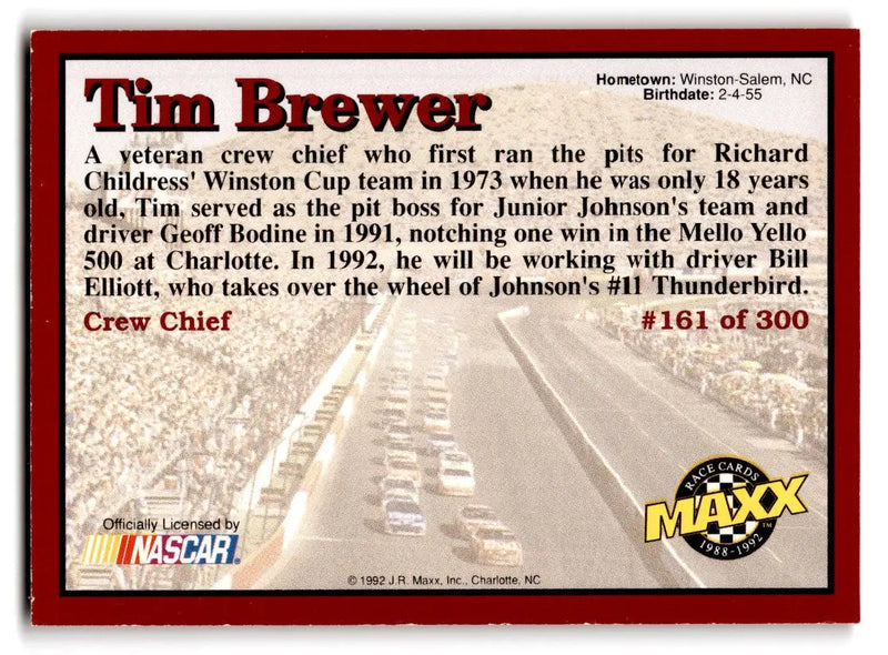 1992 Maxx (Red) #161 Tim Brewer - Racing Card Single