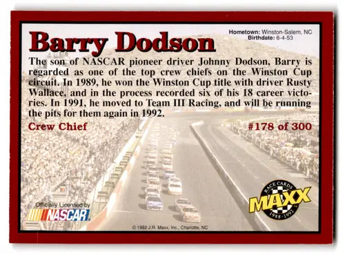Original gloss 1992 Maxx Red Barry Dodson NASCAR trading card NM Near Mint