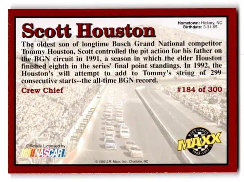 Original gloss 1992 Maxx Red Scott Houston racing card NM Near Mint ID 66010