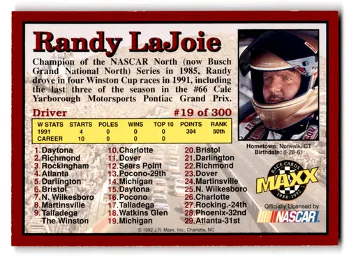 Original gloss 1992 Maxx Red Randy LaJoie rookie racing card NM Near Mint