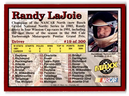 1992 Maxx Red Randy Lajoie NASCAR trading card with original gloss and rookie ID 66001