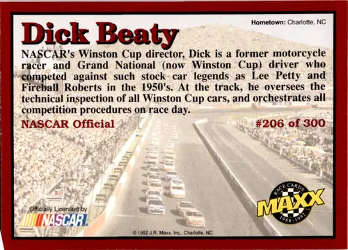 1992 Maxx Red Dick Beaty NASCAR trading card with original gloss NM-MT ID 45849