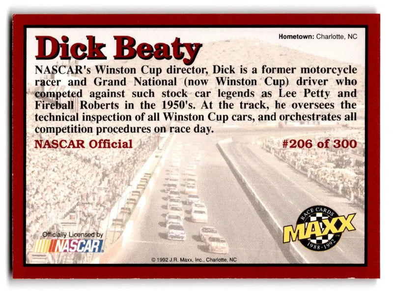 1992 Maxx (Red) #206 Dick Beaty - Racing Card Single