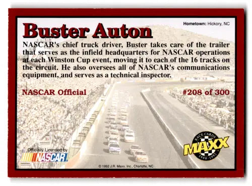 Original gloss Maxx Red Buster Auton NASCAR trading card from 1992 Maxx Red series