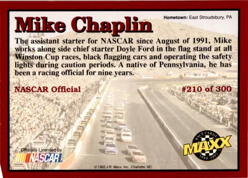 1992 Maxx Red Mike Chaplin NASCAR trading card with original gloss and rookie ID 45850