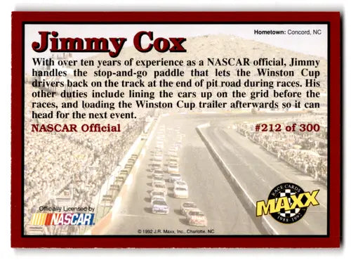 1992 Maxx Red Jimmy Cox NASCAR trading card with original gloss, Near Mint NM condition