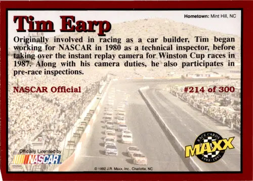 Original gloss 1992 Maxx Red Tim Earp NASCAR trading card NM-MT RC Rookie ID 45848