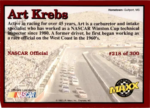 Original gloss 1992 Maxx Red Art Krebs NASCAR trading card NM-MT Rookie
