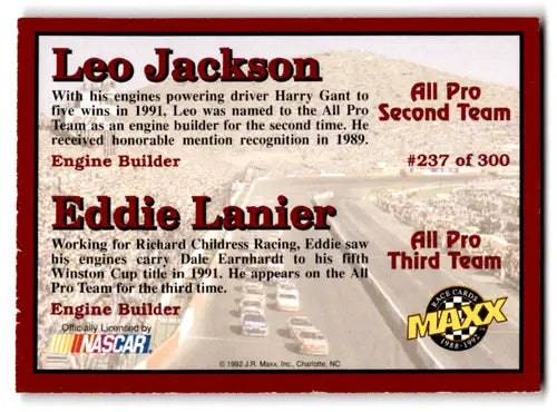 Original gloss 1992 Maxx Red NASCAR trading card featuring Leo Jackson and Eddie Lanier