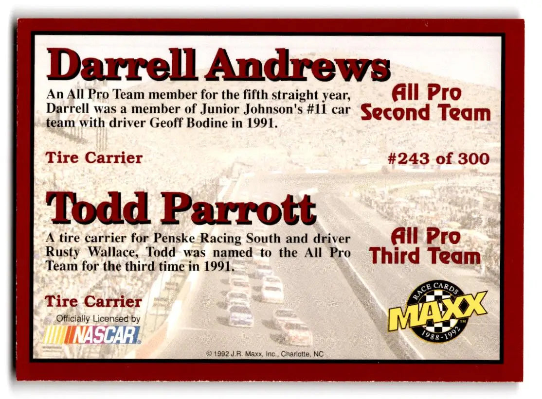 1992 Maxx (Red) #243 Darrell Andrews/ Todd Parrott - Racing Card Single