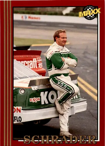 Race car driver Ken Schrader leaning on Maxx Red original gloss race car in 1992 Maxx Red #25