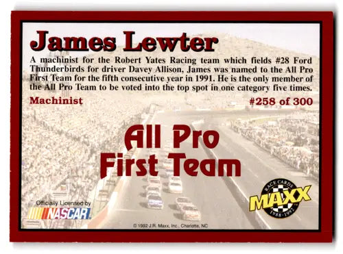 1992 Maxx Red James Lewter racing card with original gloss NM Near Mint AP ID 65988