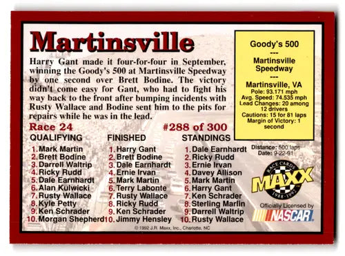 NASCAR trading card 1992 Maxx Red Harry Gant with original gloss near mint status