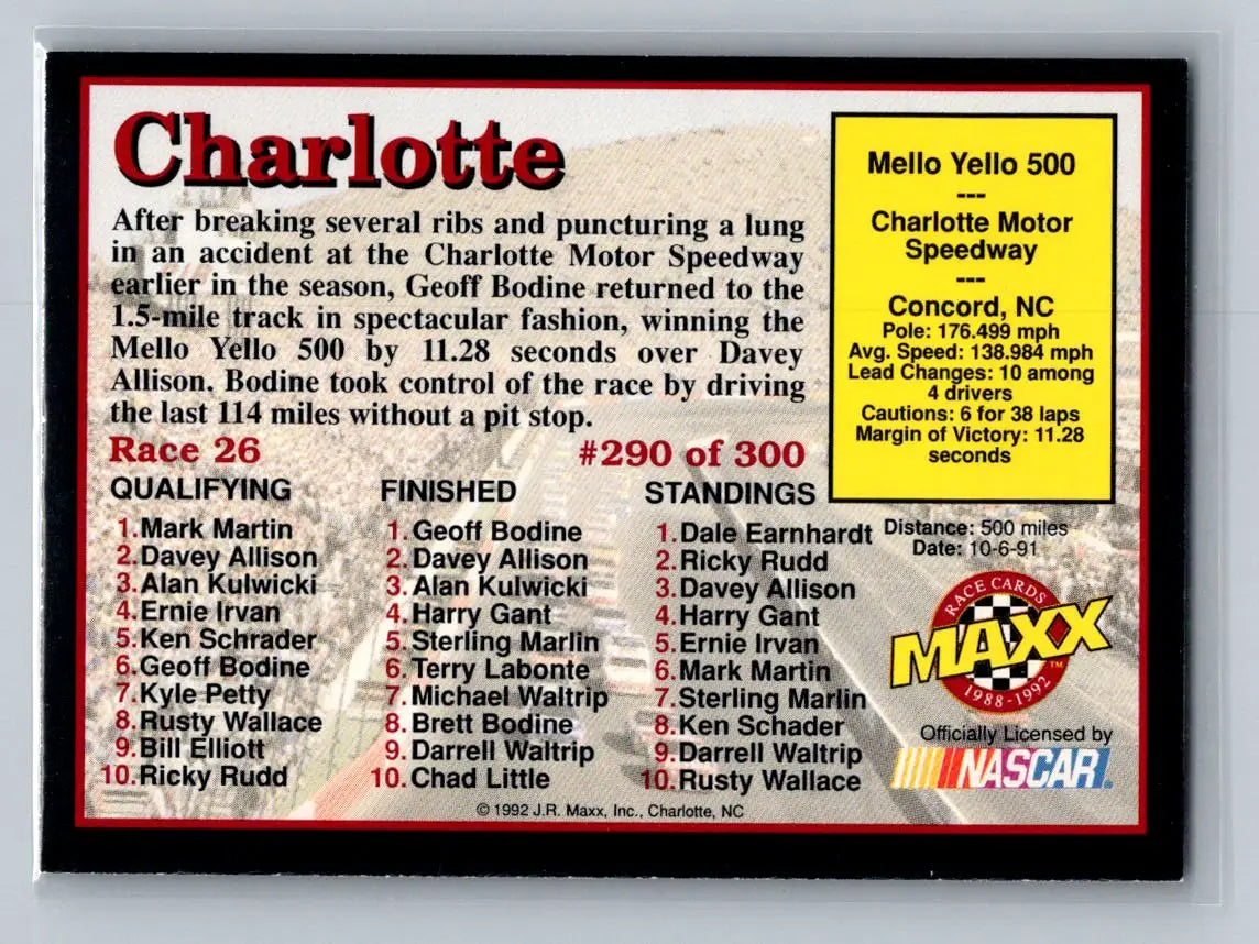 1992 Maxx (Red) #290 Race 26 Junior Johnson & Associates - Racing Card Single