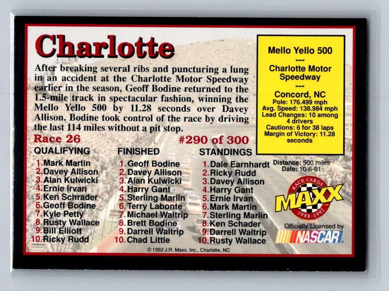 1992 Maxx (Red) #290 Race 26 Junior Johnson & Associates - Racing Card Single