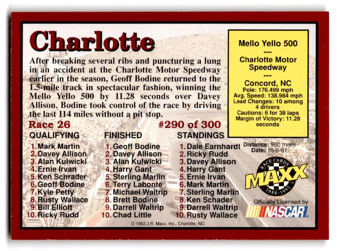 1992 Maxx (Red) #290 Race 26 - Racing Card Single