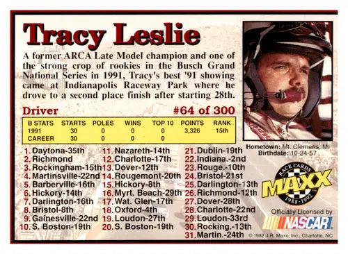 1992 Maxx Red Tracy Leslie racing card with original gloss ID 45326
