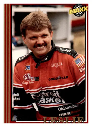Racing card featuring smiling driver Tracy Leslie from Maxx Red with original gloss