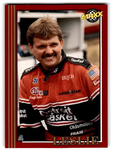 Original gloss racing card featuring smiling driver Tracy Leslie from Maxx Red series