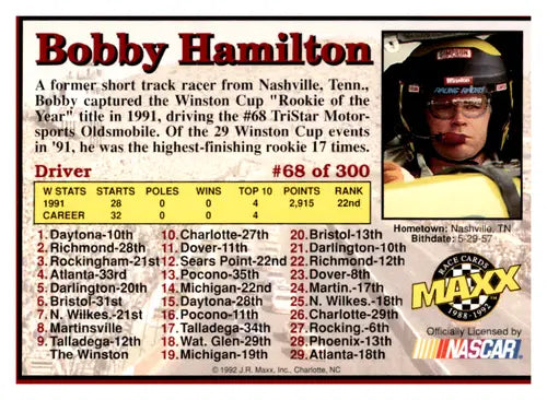 1992 Maxx Red Bobby Hamilton racing card with original gloss ID 45325