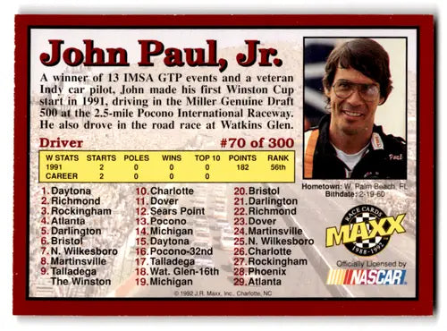 Original gloss 1992 Maxx Red John Paul Jr. RC Rookie racing card in near mint condition