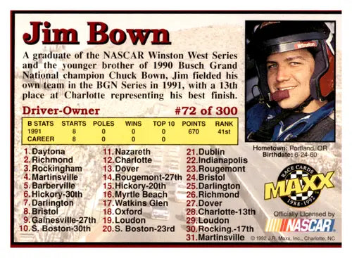 Original gloss 1992 Maxx Red Jim Bown racing card NM-MT ID:45324