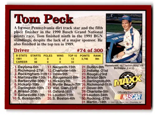1992 Maxx Red Tom Peck racing card with original gloss and Near Mint condition