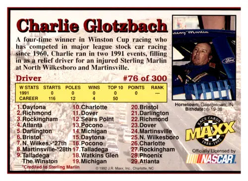 Original gloss 1992 Maxx Red Charlie Glotzbach racing card with NM-MT condition