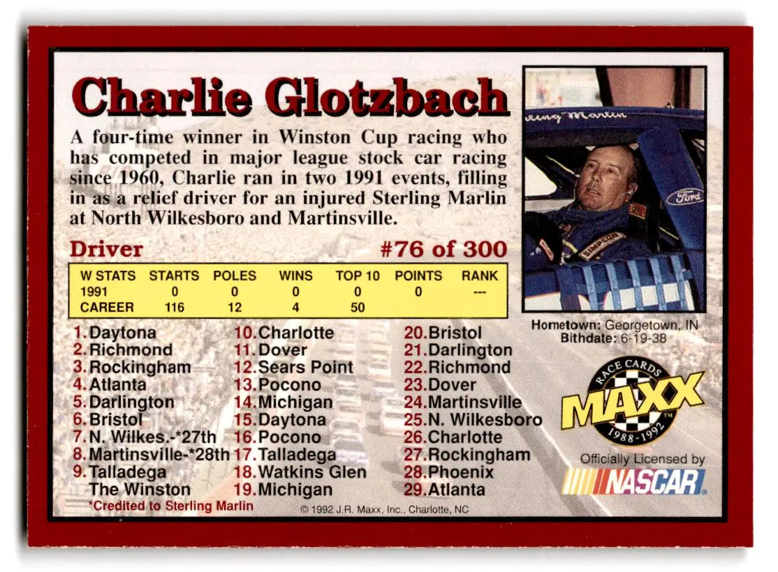 1992 Maxx (Red) #76 Charlie Glotzbach - Racing Card Single