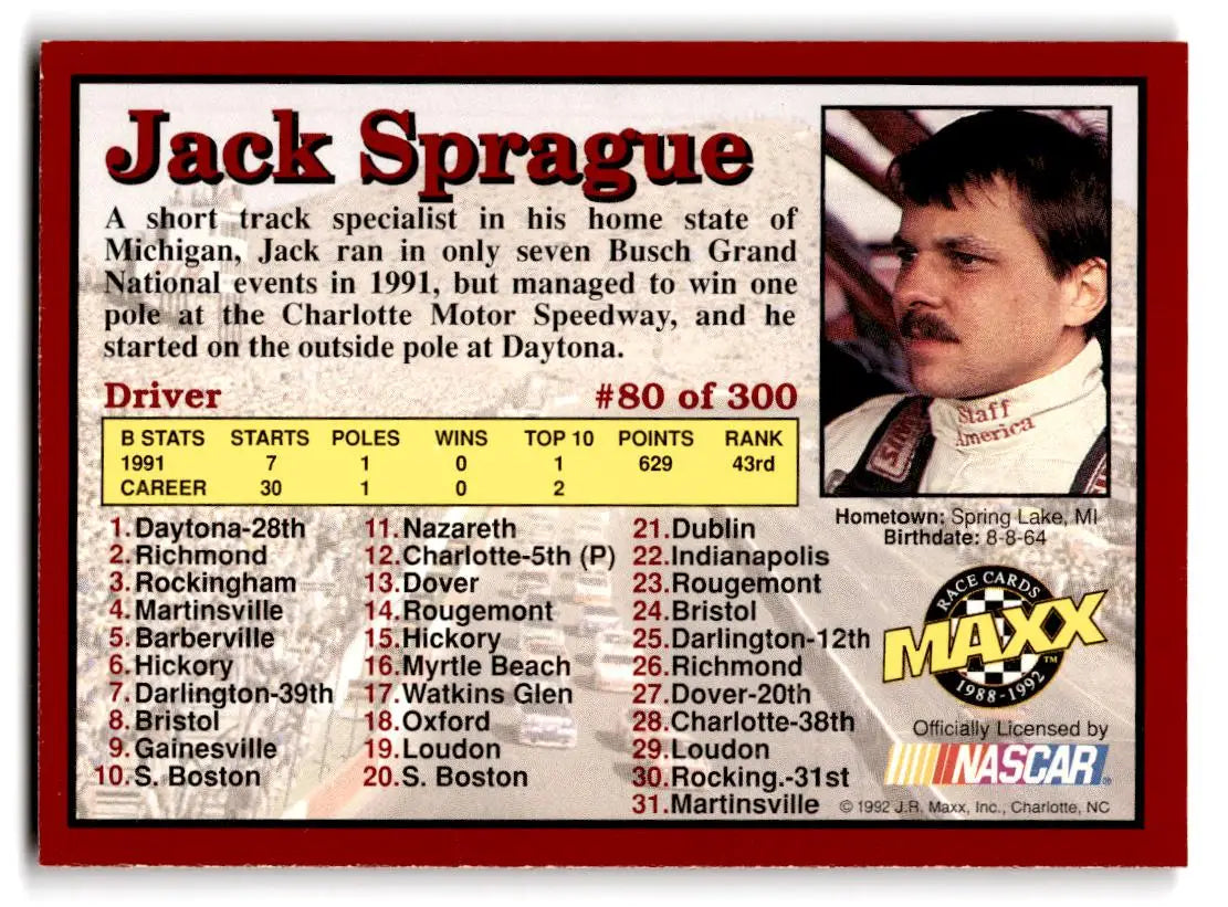 1992 Maxx (Red) #80 Jack Sprague - Racing Card Single
