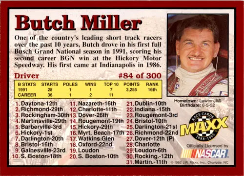 1992 Maxx Red Butch Miller racing card with original gloss near mint condition