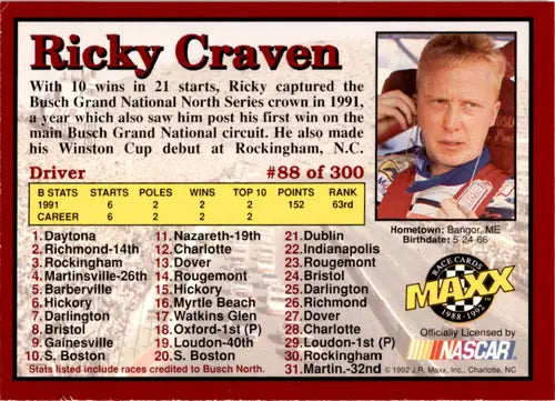 Original gloss 1992 Maxx Red Ricky Craven racing card NM Near Mint RC Rookie ID 45859