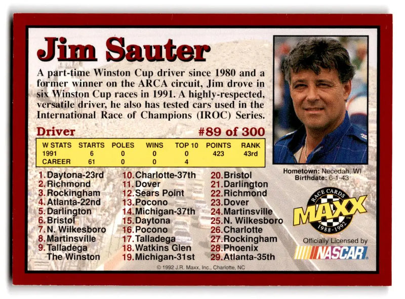1992 Maxx (Red) #89 Jim Sauter - Racing Card Single