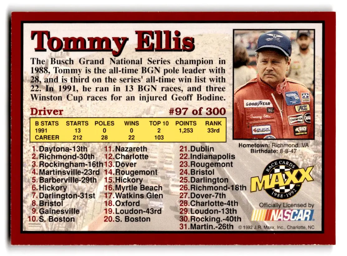 1992 Maxx (Red) #97 Tommy Ellis - Racing Card Single