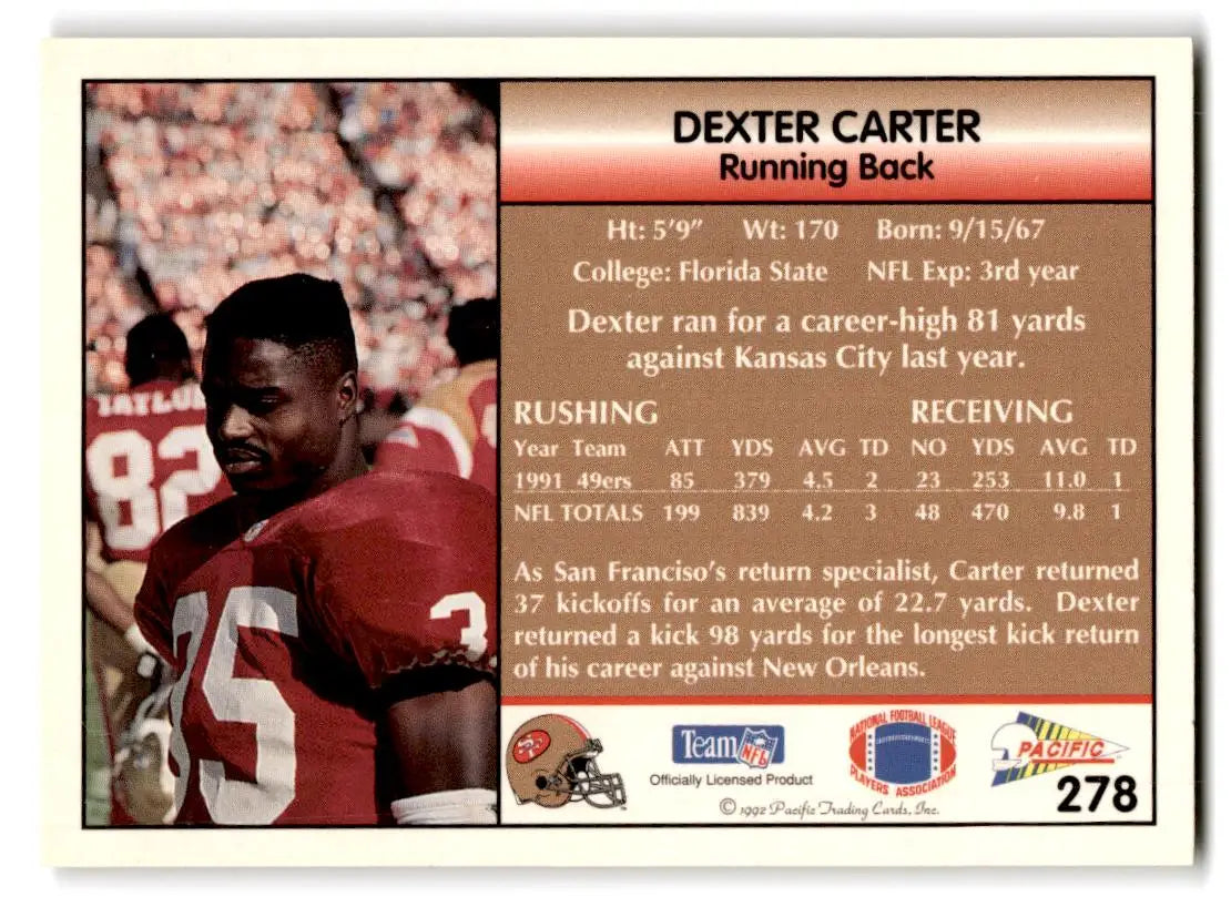 1992 Pacific #278 Dexter Carter - Football Card Single