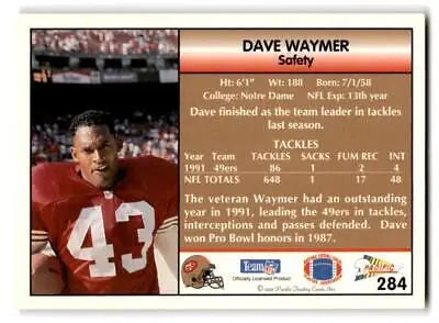 Football trading card of Dave Waymer, 49ers safety, jersey number 43
