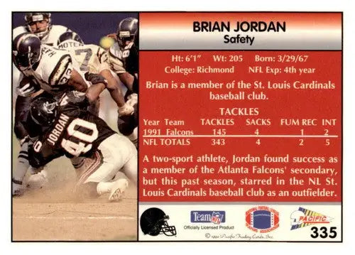 Original gloss of 1992 Pacific Brian Jordan football card featuring Falcons in near mint condition