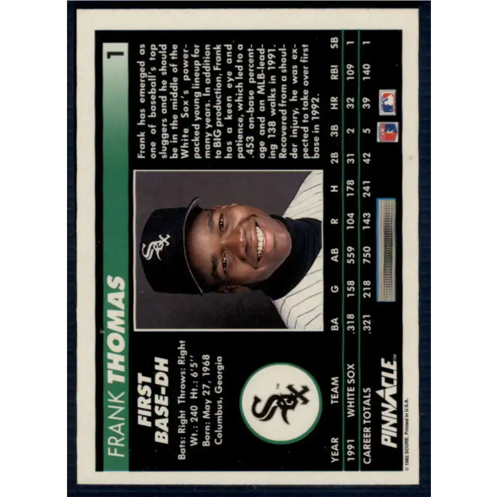 1992 Pinnacle #1 Frank Thomas EX Chicago White Sox Baseball Card - Baseball Card Single