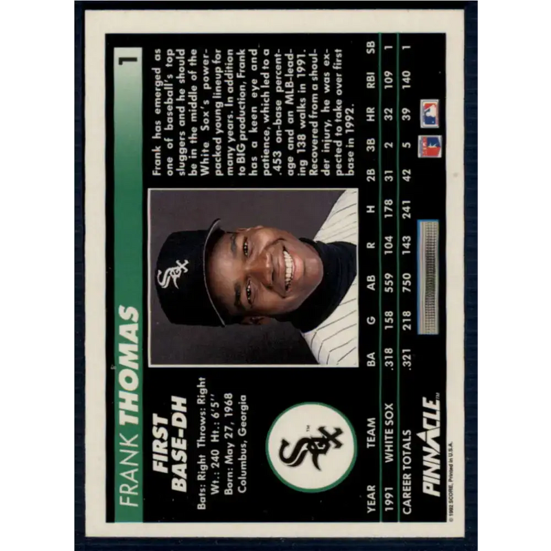 1992 Pinnacle #1 Frank Thomas EX Chicago White Sox Baseball Card - Baseball Card Single