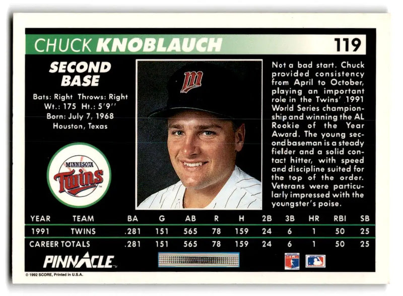 1992 Pinnacle #119 Chuck Knoblauch - Baseball Card Single