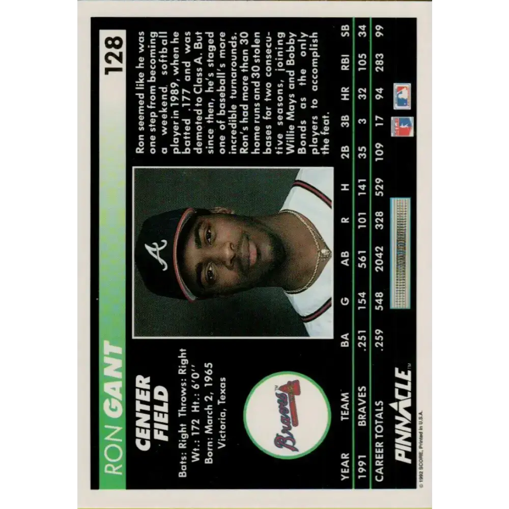1992 Pinnacle #128 Ron Gant EX Atlanta Braves Baseball Card - Baseball Card Single