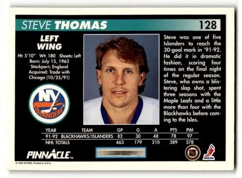 1992 Pinnacle #128 Steve Thomas Islanders Hockey Cards EX/NM ID:57773 - Hockey Card Single