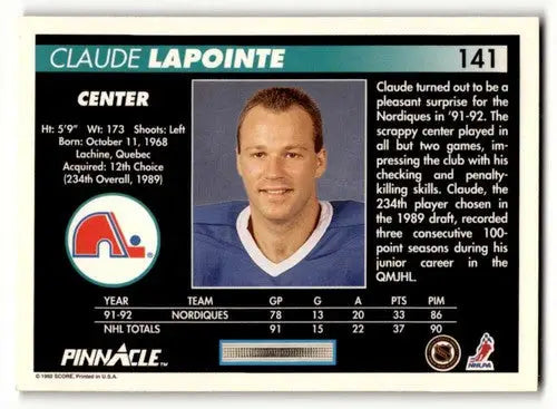 1992 Pinnacle #141 Claude Lapoint Nordiques Hockey Cards EX/NM ID:57745 - Hockey Card Single