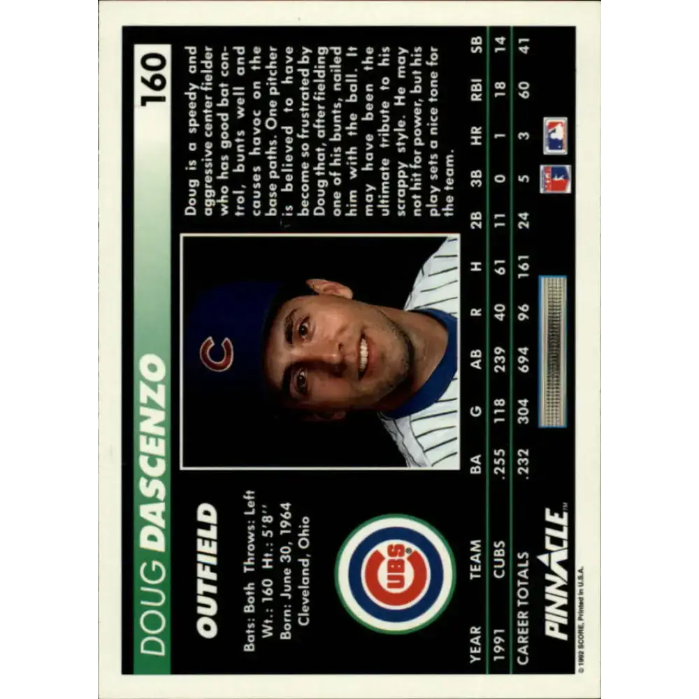 1992 Pinnacle #160 Doug Dascenzo EX Chicago Cubs Baseball Card - Baseball Card Single
