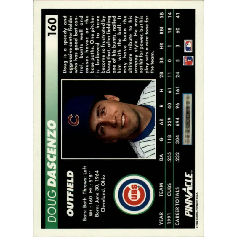 1992 Pinnacle #160 Doug Dascenzo EX Chicago Cubs Baseball Card - Baseball Card Single
