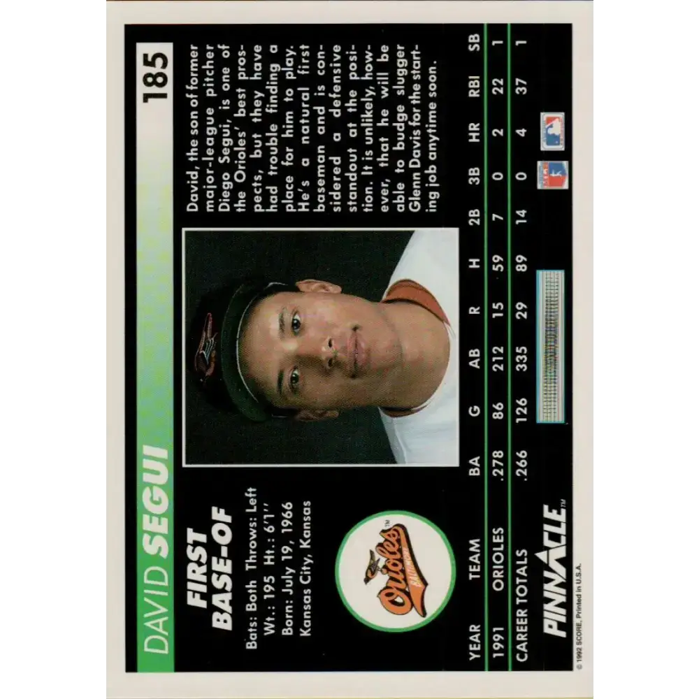 1992 Pinnacle #185 David Segui EX Baltimore Orioles Baseball Card - Baseball Card Single
