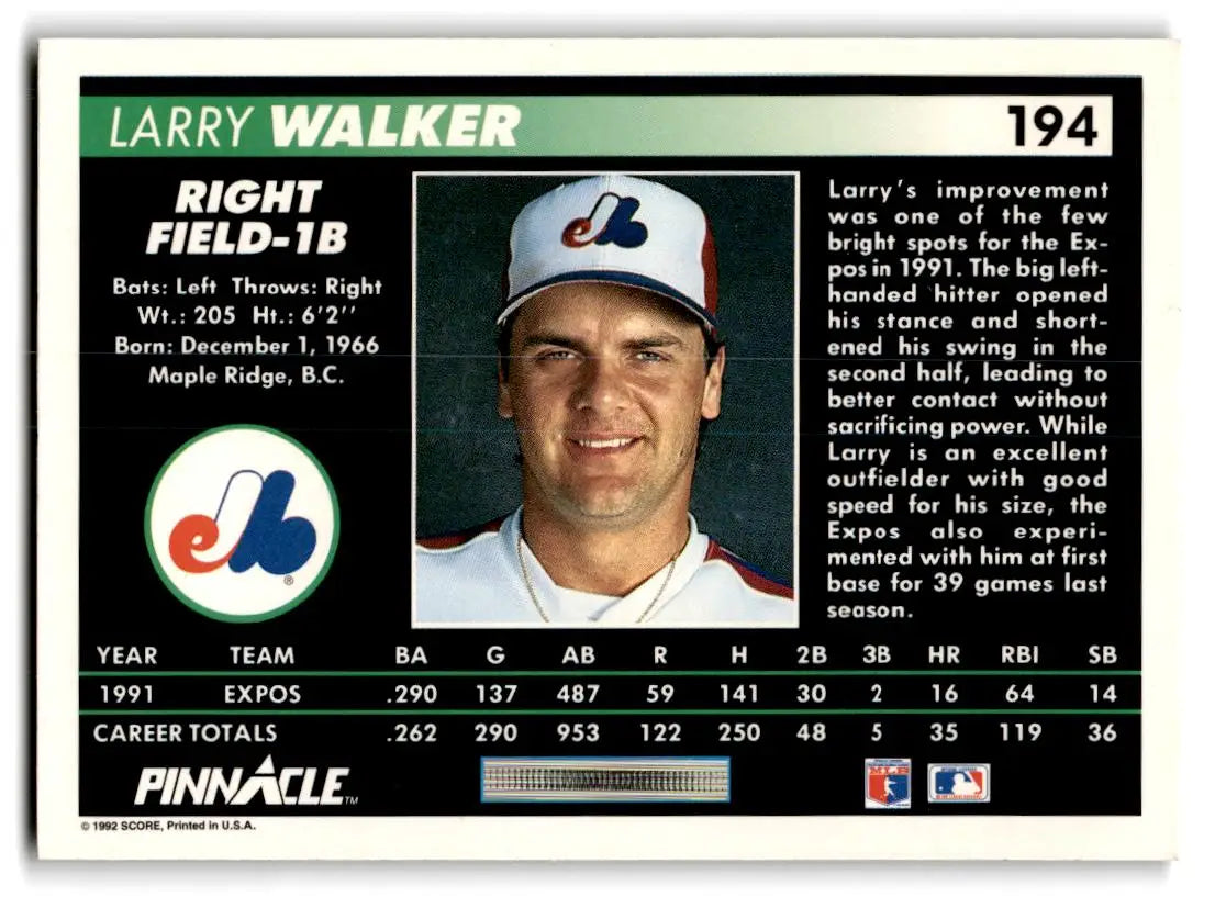 1992 Pinnacle #194 Larry Walker - Baseball Card Single