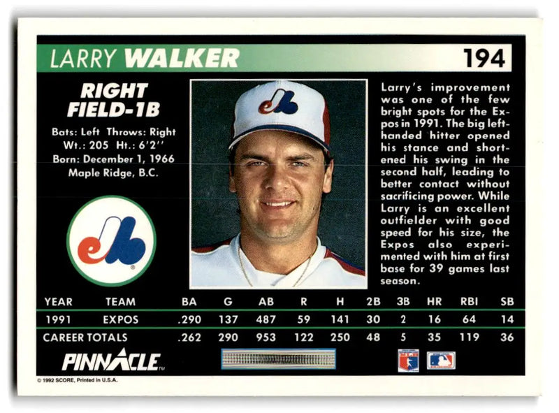 1992 Pinnacle #194 Larry Walker - Baseball Card Single