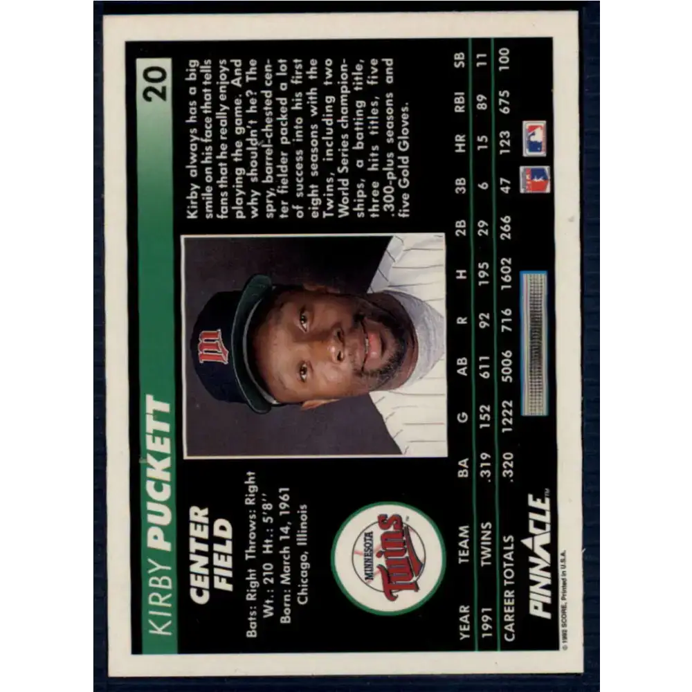 1992 Pinnacle #20 Kirby Puckett EX Minnesota Twins Baseball Card - Baseball Card Single